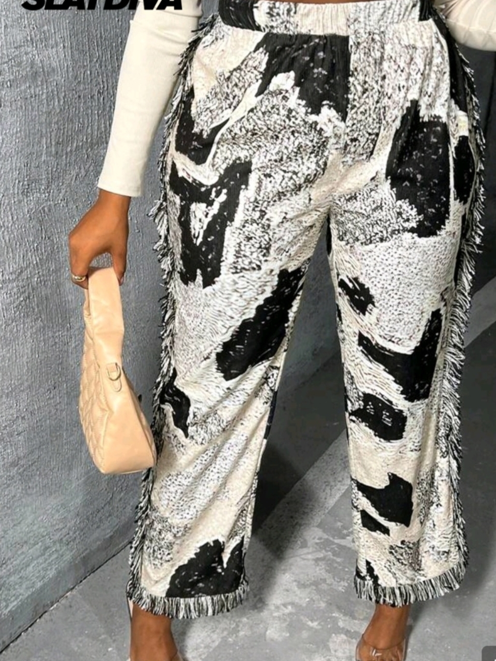 SHEIN Black & White Abstract Fringe Cropped Wide-Leg Pants